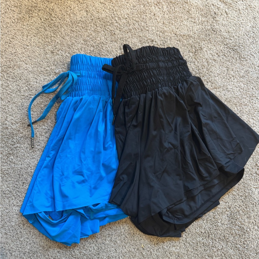 2 Pair// Blue// Black// Workout Hugh Waist Shorts// Size Medium